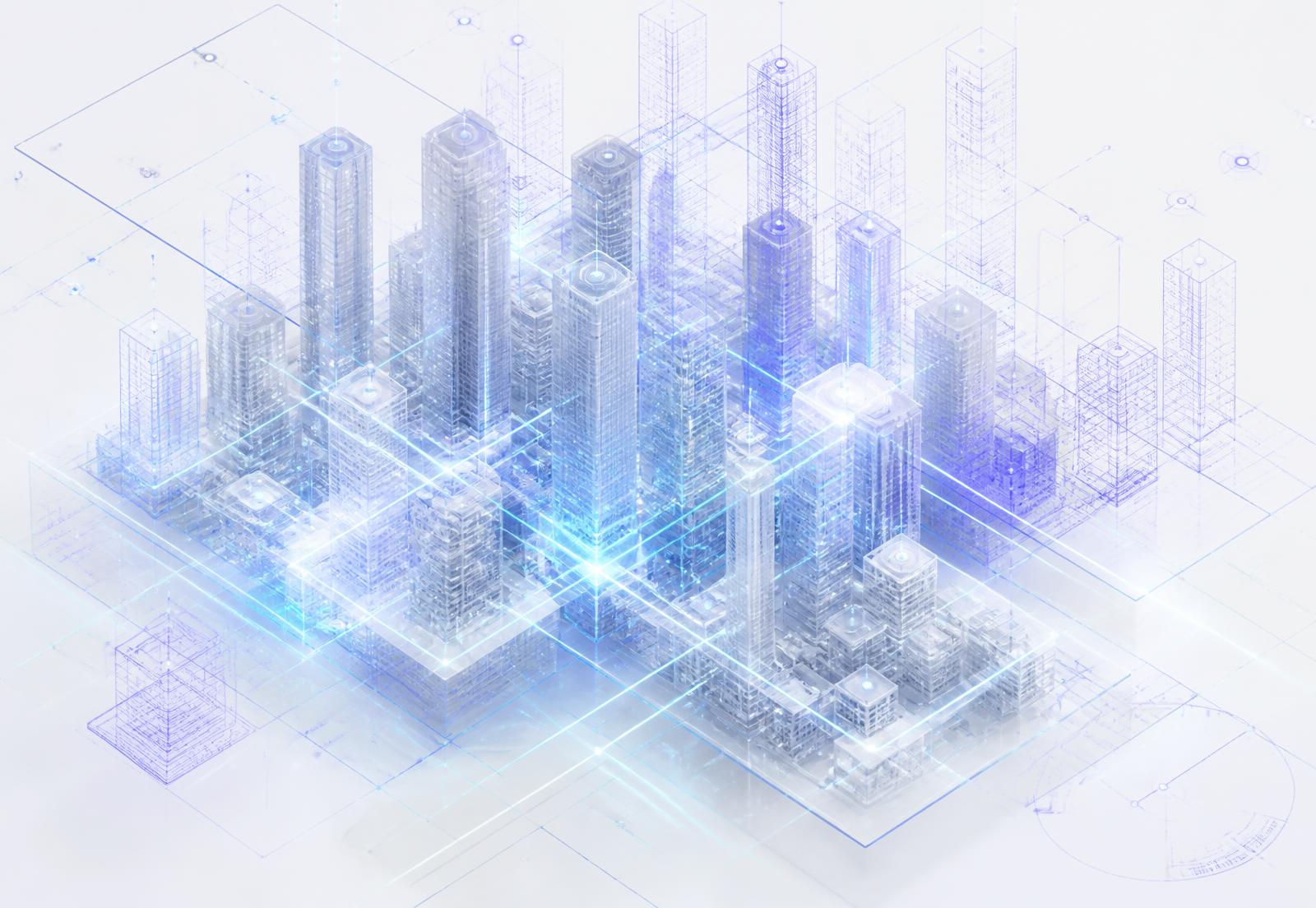 Isometric visualization of connected smart buildings with live data streams and digital twin layers